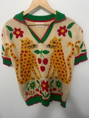 Knit Polo Sweater shirt with Yellow Leopard and Cherry Motif